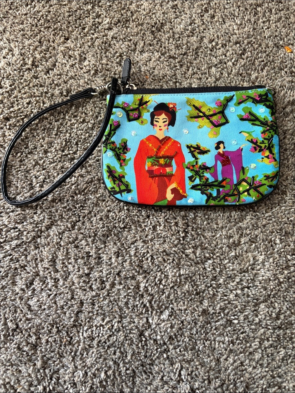 Wristlet Clutch with Geisha Print - Blue & Red
